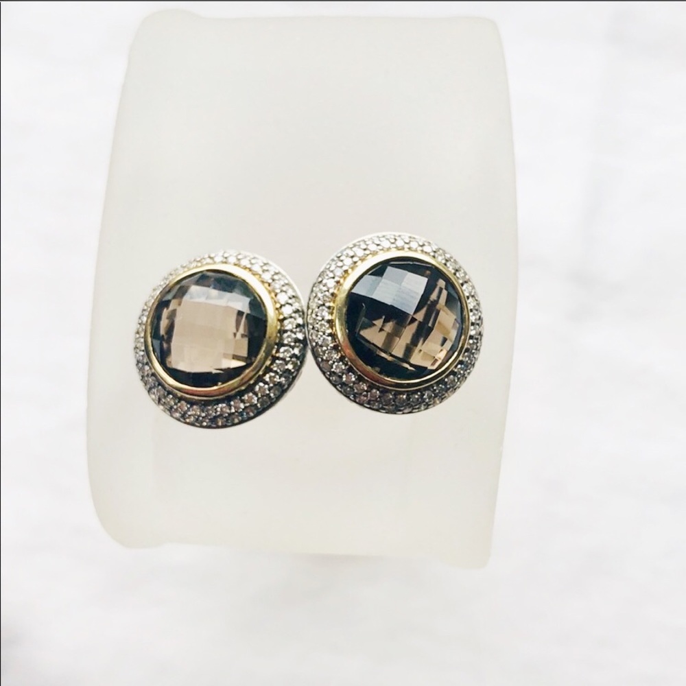 SOLD - 18k Gold, Diamond & Smokey Quartz Earrings - Picture 3 of 8